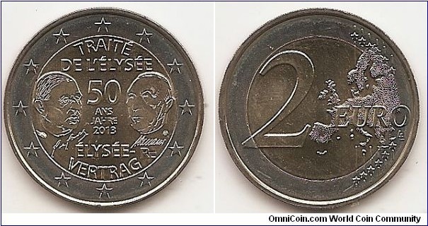 2 Euro
KM#2094
8.5000 g., Bi-Metallic Nickel-Brass center in Copper-Nickel ring, 25.75 mm. Subject : 50 Years of Franco-German Friendship (Élysée Treaty) Obv: The coin, which was designed by Yves Sampo of the Monnaie de Paris, Stefanie Lindner of the Berlin State Mint, Alina Hoyer (Berlin) and Sneschana Russewa-Hoyer (Berlin), depicts stylised portraits of the Élysée Treaty's signatories (the then-Chancellor of the Federal Republic of Germany Konrad Adenauer and the former President of the French Republic Charles de Gaulle), their signatures and the words '50 ANS JAHRE' with the year '2013' in the centre, the words 'TRAITÉ DE L'ÉLYSÉE' at the top and the words 'ÉLYSÉE-VERTRAG' at the bottom. The right side of the inner part features the mint mark as well as the issuing country's code 'RF' and the left side features the 'fleurette', hallmark of the engraving workshop. The coin's outer ring shows the 12 stars of the European Union on a background of concentric circular lines. Rev: 2 on the left-hand side, six straight lines run vertically between the lower and upper right-hand side of the face, 12 stars are superimposed on these lines, one just before the two ends of each line, superimposed on the mid - and upper section of these lines; the European continent ( extended ) is represented on the right-hand side of the face; the right-hand part of the representation is superimposed on the mid-section of the lines; the word ‘EURO’ is superimposed horizontally across the middle of the right-hand side of the face. Under the ‘O’ of EURO, the initials ‘LL’ of the engraver appear near the right-hand edge of the coin. Edge: Reeded with 2 * *, repeated six times, alternately upright and inverted. Obv. designer: Yves Sampo and Stefanie Lindner Rev. designer: Luc Luycx