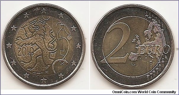 2 Euro
KM#154
8.5000 g., Bi-Metallic Nickel-Brass center in Copper-Nickel ring, 25.75 mm. Subject: Currency Decree of 1860 granting Finland the right to issue banknotes and coins. Obv: The design consists on the left side of a stylised lion figure from the coat of arms of Finland and the year mark, and on the right side of the mint mark and a set of numbers symbolising coin values. At the bottom the issuing country is indicated by the inscription FI. The twelve stars of the European Union surround the design on the outer ring of the coin. Rev: 2 on the left-hand side, six straight lines run vertically between the lower and upper right-hand side of the face, 12 stars are superimposed on these lines, one just before the two ends of each line, superimposed on the mid - and upper section of these lines; the European continent ( extended ) is represented on the right-hand side of the face; the right-hand part of the representation is superimposed on the mid-section of the lines; the word ‘EURO’ is superimposed horizontally across the middle of the right-hand side of the face. Under the ‘O’ of EURO, the initials ‘LL’ of the engraver appear near the right-hand edge of the coin. Edge: Reeded with SUOMI FINLAND * * * (the * stands for a lion's head). Obv. designer: Reijo Juhani Paavilainen Rev. designer: Luc Luycx