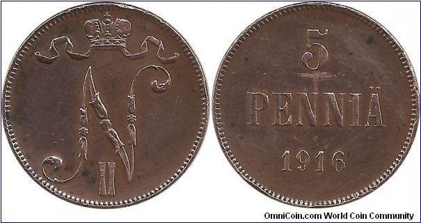 Finland-Grand Duchy 5 Penniä 1916