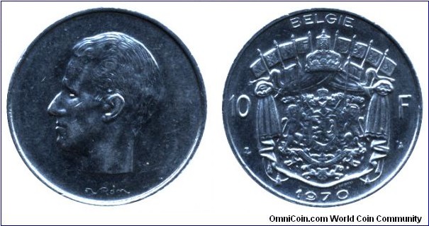 Belgium, 10 francs, 1970, Ni, 27.00mm,  8.00g, King Baudouin I, Belgie.
