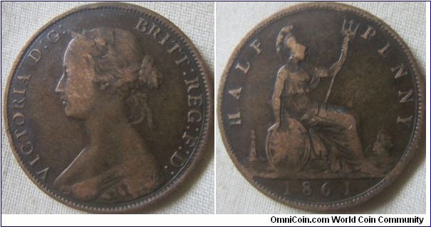 1861 halfpenny, fair grade.