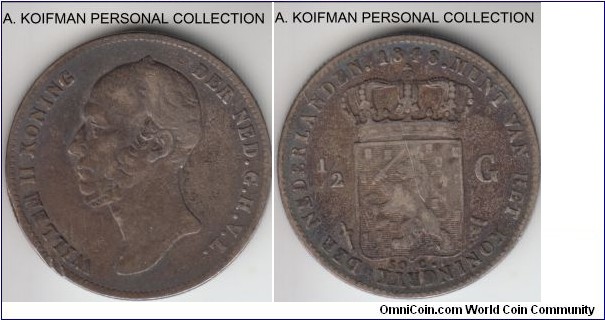 KM-73.1, 1848 Netherlands half gulden; silver, reeded edge; circulated heavier toned, very fine or so.