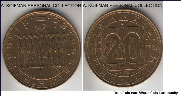 KM-2946.1, 1980 Austria 20 schillings; copper-nialuminum-nickel, lettered edge; uncirculated, few dirt or toning spots.