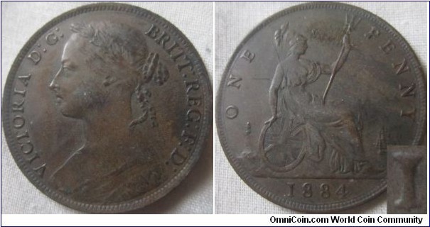 1884 penny, EF details, 1 over lower 1?