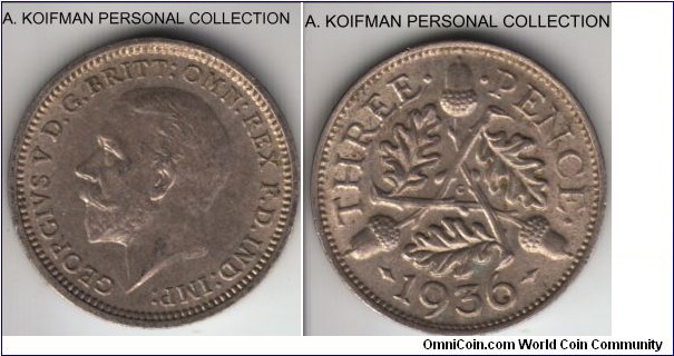 KM-831, 1936 Great Britain George V 3 pence; silver, plain edge; last year of the reign, about uncirculated.