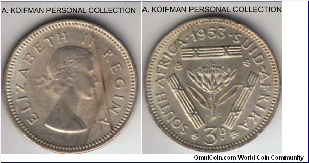 KM-47, 1953 South Africa (Dominion) 3 pence; silver, plain edge; uncirculated, two toning lines from storage on obverse, some coloring on reverse, otherwise as minted, including a flan edge defect.