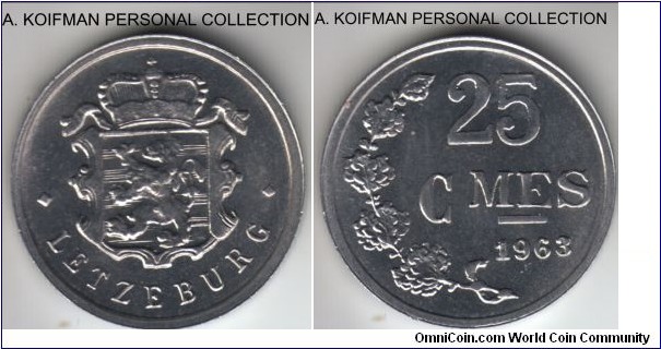 KM-45a.1, 1963 Luxembourg 25 centimes; aluminum, plain edge; brilliant uncirculated.