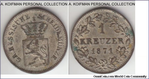 KM-339, 1871 Hesse-Darmstadt kreuzer; silver, dashed edge; good very fine or better, dark toning and wear typical of the low silver content (0.166) of the period.