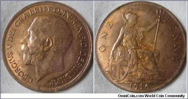 1916 penny, por reverse strike, full lustre, however covered in lacquer 