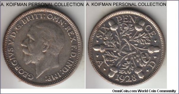 KM-832, 1928 Great Britain 6 pence; silver, reeded edge; good very fine, the type's obverse has a somewhat low relief of the King, so hard to judge true condition, reverse acorns are is better for this.