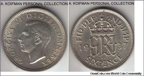 KM-852, 1937 Great Britain 6 pence; silver, reeded edge; average uncirculated coin.