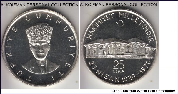 KM-897, ND (1970) Turkey 25 lira; proof, silver, reeded edge; commemorating 50'th anniversary of national assembly in Ankara, light cameo, proof mintage is not known.