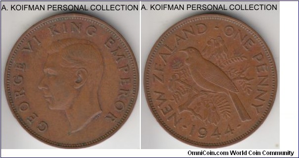 KM-13, 1944 New Zealand penny; bronze, plain edge; good very fine to about extra fine.
