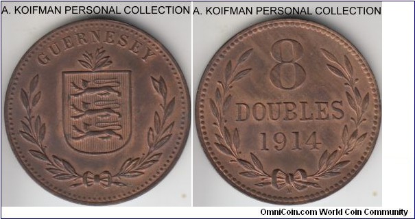 KM-14, 1914 Guernsey 8 doubles, Heaton mint (H mint mark); bronze, plain edge; red brown uncirculated.