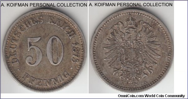 KM-6, 1875 Germany (Empire) 50 pfennig, Berlin mint (A mint mark); silver, reeded edge; very fine, a common year/mint combination.