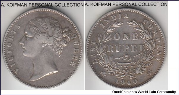 KM-458, 1840 British East India Company rupee, Bombay mint (no dot after date, no S, WWS or WWB in truncation); silver, reeded edge; divided legend, raised WW in truncation, small diamonds, 28 berries, this combination does not match any of the KM descriptions, including closest S&W-3.33 Type A/1 (reported with large diamonds), very fine but cleaned.