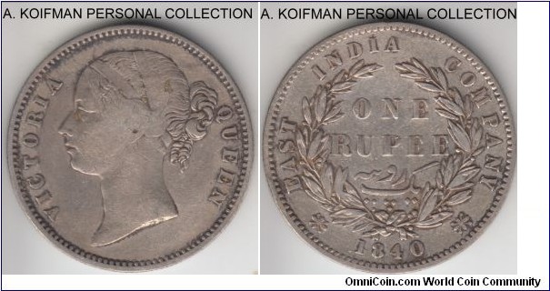 KM-458, S&W-3.33 Type A/1, 1840 British East India Company rupee, Bombay mint (no dot after date, no S, WWS or WWB in truncation); silver, reeded edge; divided legend, raised WW in truncation, large diamonds, 28 berries, this combination is attributed to KM458.2 but on Calcutta mintage, fine and cleaned.