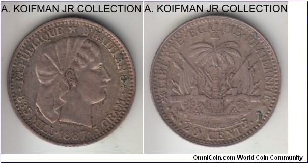 KM-45, 1894 Haiti 20 centimes; silver, reeded edge; smaller mintage year and toned good very fine.