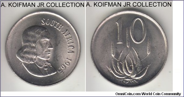 KM-68.1, 1965 South Africa (Republic) 10 cents; nickel, plain edge; English legend SOUTH AFRICA, Van der Riebeeck and protea, first year of independent Republic coinage and common, bright average uncirculated.