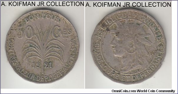 KM-45, 1921 Guadeloupe 50 centimes; copper-nickel, 18-sided flan, plain edge; French overseas terriroty, scarce 2-year type usually found quite worn, typical good fine.