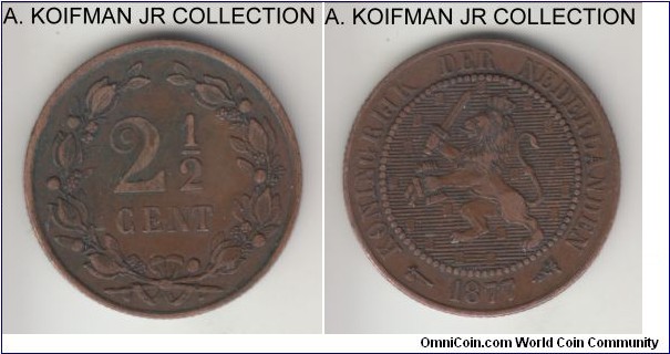 KM-108, 1877 Netherlands 2 1/2 cent; bronze, reeded edge; William III, first year of the type and common, good fine to almost very fine