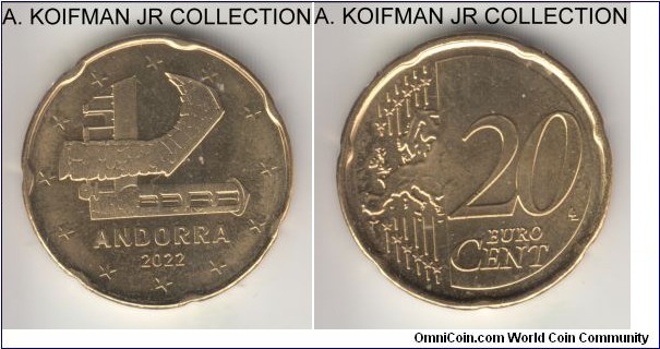 KM-524, 2022 Andorra 20 euro cents, Madrid mint; nordic gold, plain edge with 7 indentations; modern coinage, average uncirculated or almost.