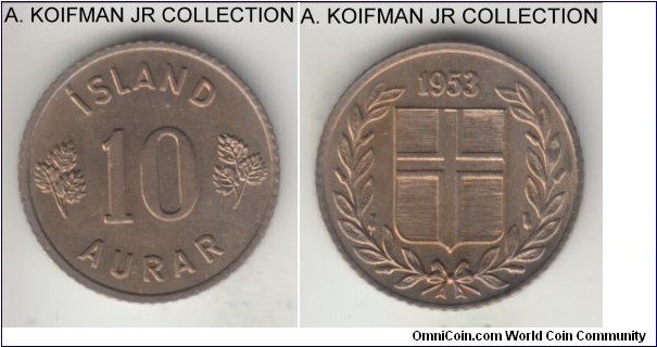 KM-10, 1953 Iceland 10 aurar; copper-nickel, reeded edge; Christian X, sharp uncirculated, interesting toning.