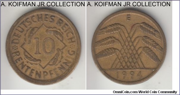 KM-33, 1924 Germany (Weimar Republic) 10 rentenpfennig, Muldenhutten mint (E mint mark); aluminum-bronze, plain edge; early Weimar type, average circulated good fine or so.