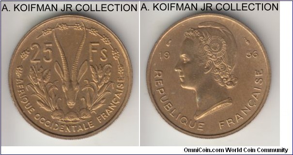 KM-7, 1956 French West Africa 25 francs; aluminum-bronze, reeded edge; 1-year type, average uncirculated, tiny spot on obverse.