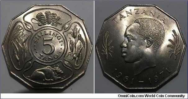 5 Shilingi (United Republic of Tanzania / 10 years of independence of Tanganyika from the United Kingdom // Copper-Nickel / Mintage: 1.000.000 pcs) 