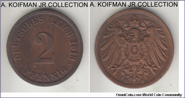 KM-16, 1913 Germany (Empire) 2 pfennig, Karlsruhe mint (G mint mark); copper, plain edge; Wilhelm II, smaller mint/year, extra fine detail with reverse cleaned in the past.