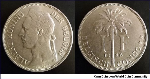 Belgian Congo 1 franc. 1926, Albert I. Dutch text. Cu-ni. Weight: 10g. Diameter; 28,9mm. Mintage: 17.000.000 pcs.