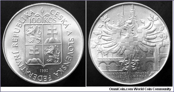 Czech and Slovak Federative Republic 100 korun. 1992, 175th Anniversary of  Moravian Museum in Brno. Ag 700. Weight; 13g. Diameter; 31mm. Mintage: 73.000 pcs.