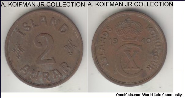 KM-6.2, 1940 Iceland 2 aurar, Royal Mint (London); bronze, plain edge;  Christian X, 2-year type variety when the coinage was moved from Denmark to Britain, almost uncirculated  details, dirty and couple of spots.