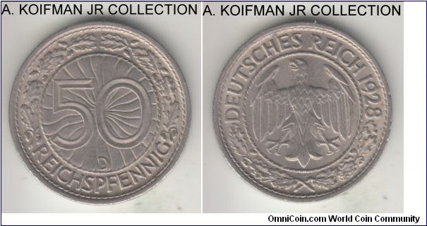 KM-49, 1928 Germany (Weimar Republic) 50 reichspfennig, Munich mint (D mint mark); nickel, reeded edge; almost uncirculated, light overall toning.