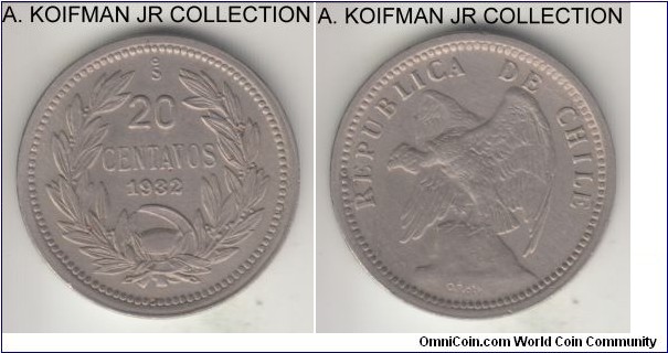 KM-167.3, 1932 Chile 20 centavos; copper-nickel, plain edge; condor type, with designer initials, regular date, extra fine.