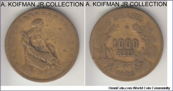 KM-525, 1925 Brazil 1000 reis; aluminum-bronze, reeded edge; kneeling Liberty type, well circulated.