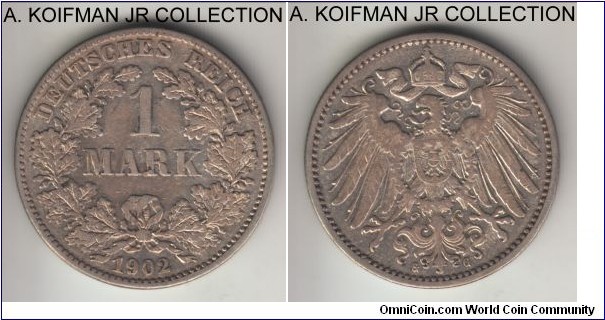 KM-14, 1902 Germany (Empire) mark, Karlsruhe mint (G mint mark); silver, reeded edge; Wilhelm II, key year/mint, very fine details, cleaned.