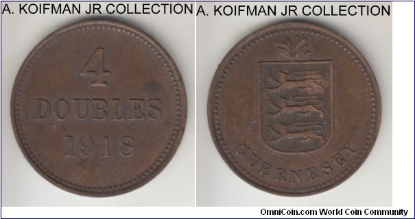 KM-13, 1918 Guernsey 4 doubles, Heaton mint (H mint mark); bronze, plain edge; George V, scarcer year, brown good very fine to extra fine.
