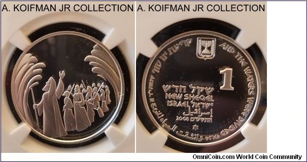 KM-444, 2008 Israel sheqel, Vantaa (Finland) mint; silver, plain edge; 1-year commemorative issue celebrating Biblical theme of Exodus from Egypt - parting of the sea, mintage 987 pieces, brilliant proof like NGC incorrectly graded PF 69 ULTRA CAMEO.