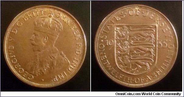 Jersey 1/12 of a shilling. 1935, George V. Mintage: 204.000 pcs. Nice condition. Second piece in my condition.