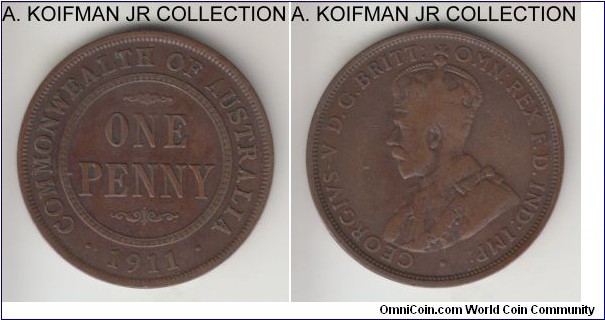 KM-23, 1911 Australia penny, Royal Mint (London, no mint mark), bronze, plain edge; George V, first year of independent circulation coinage, very good to fine, good reverse details