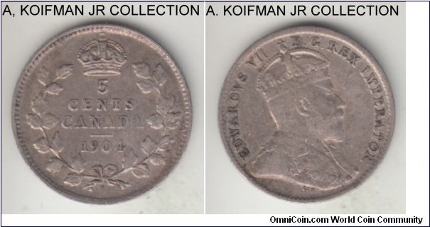 KM-13, 1904 Canada 5 cents, Royal Mint (no mint mark); silver, reeded edge; Edward VII, scarcer year, decent very fine.