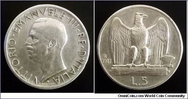 Italy 5 lire. 1927 (R) King Vittorio Emanuele III. Ag 835.