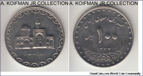 KM-1261.2, SH1377 (1998) Iran 100 rials; copper-nickel, reeded edge; Islamic Republic, Shrine of Imam Reza circulation issue, weak strike on obverse, uncirculated or almost.