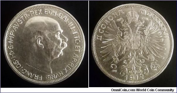 Austro-Hungarian Monarchy 2 corona. 1912, This coins were in circulation more than 112 years ago in the place where I live (Austrian partition of Poland at that time) Ag 835. Weight; 10g. Nice condition.