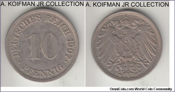 KM-11, 1907 Germany (Empire) 10 pfennig, Karlsruhe mint (G mint mark); copper-nickel, plain edge; Wilhelm II, almost uncirculated.