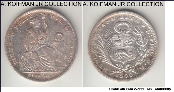 KM-205.2, 1900 Peru 1/5 sol, JF mint assayer; silver, reeded edge; likely 1900/1800 variety but not sure, very fine or so, cleaned.