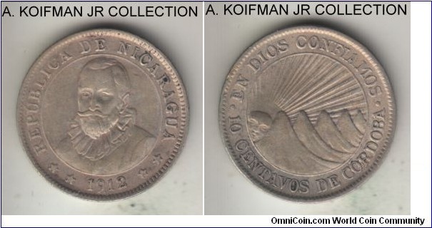 KM-13, 1912 Nicaragus 10 centavos, Heaton Mint (H mint mark); silver, reeded edge; early republican coinage, first year of the type, plae good extra fine to almost uncirculated, possibly cleaned.