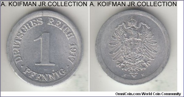 KM-24, 1917 Germany (Empire) pfennig, Mildenhutten mint (E mint mark); aluminum, plain edge; Wilhelm II, bright uncirculated.
